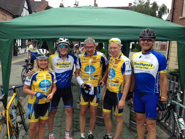 Meeting other cyclists happens a lot on Audax rides - a large group of charity riders from Sweden in Nantwich